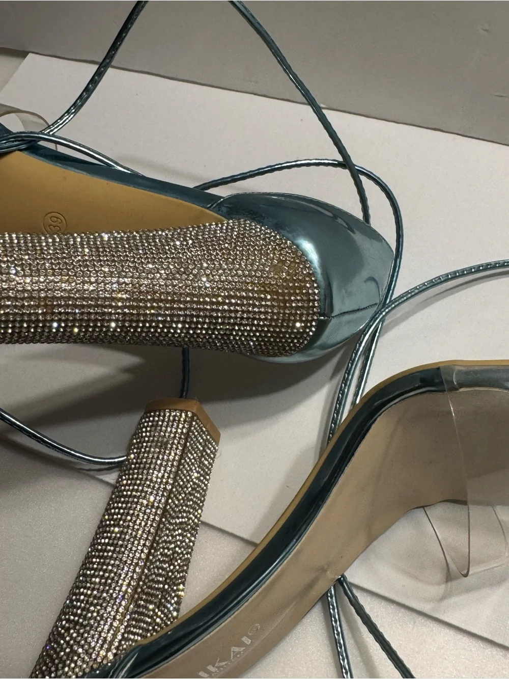 LAIAKAI Metallic Teal Lace-Up Block Heel Sandals